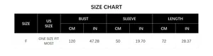 Size chart for knit poncho cardigan with bust sleeve and length measurements