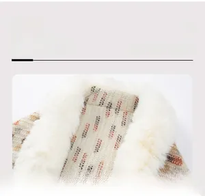 Detail of knitted cardigan with thick faux fur collar and geometric feather pattern