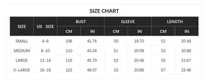 Size chart for cable knit sweater with US sizes and measurements in cm and inches
