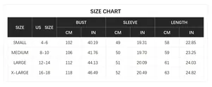 Size chart detail showing measurements for red knit cardigan from small to x-large sizes