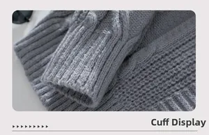 Close-up of cable knit texture and ribbed cuffs on a grey hooded cardigan coat