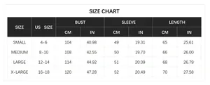 Detailed size chart for women's striped knit cardigan including bust and sleeve measurements