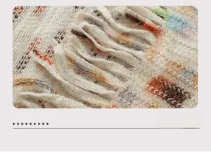 Close-up of knit shawl hem with colorful striped patterns and handmade tassels