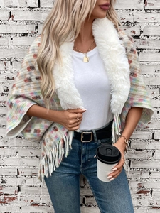 Women's Elegant Plaid Knit Poncho Cape Faux Fur Collar Tassel Open Front Cardigan Warm Rabbit Hair Sweater Outerwear Coat