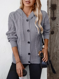 Women's grey cable knit hooded cardigan with black buttons for casual autumn winter wear