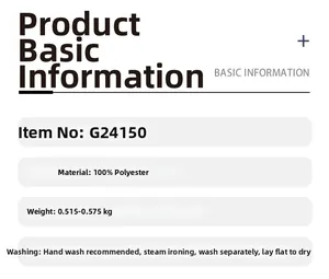 Detailed product specifications for model G24150 including 100 percent polyester fabric details
