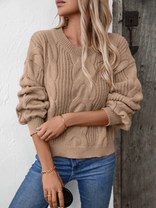 Women Rabbit Hair Cable Knit Sweater Retro Loose Crew Neck Pullover Solid Color Long Sleeve Fall Winter Knitwear Top