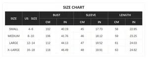 Detailed size chart for hooded cable knit sweater showing bust and sleeve dimensions