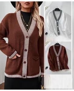 Close-up of V-neck striped knit cardigan with button details and symmetric front pockets