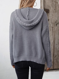 Back view of grey hooded cable-knit cardigan sweater with ribbed hem and casual fit