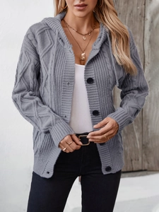 Women's grey cable knit hooded cardigan with black buttons and casual longline fit