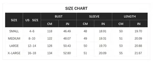 Detailed size chart for vintage cable knit cardigan showing bust and sleeve dimensions