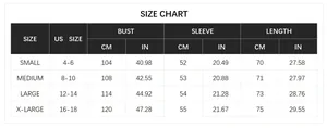 Detailed size chart for women's casual knit cardigan showing US size and measurements