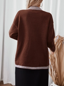 Coffee brown oversized knit cardigan with striped trim and front pockets for women