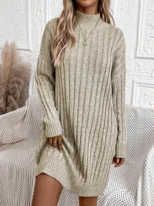 Robe Mi-Longue en Maille Côtelée à Manches Longues et Col Roulé pour Femmes Robe Pull Ample Couleur Unie