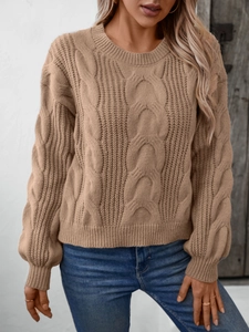 Women's cable knit sweater in khaki, features crew neck and loose vintage style