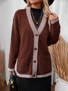 Brown V-neck knit cardigan with white stripe accents and pockets in loose casual fit