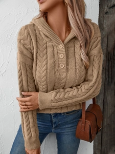 Women's cable knit hooded sweater with vintage buttons and relaxed autumn style