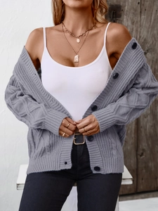 Women's cable knit hooded cardigan in grey with buttons and casual mid-length fit