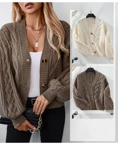 Close-up of retro cable-knit texture and V-neckline on a loose women cardigan