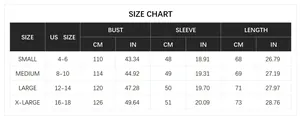 Detailed size chart with bust and sleeve measurements for women's knit cardigan