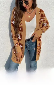 Close-up of leopard print cardigan showing ribbed cuffs and knit texture in natural light