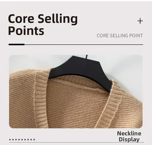 Close-up of the ribbed V-neckline and knit texture on this khaki cardigan sweater