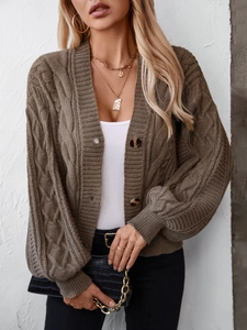 Women's Retro Solid Color Cable Knit Cardigan V-Neck Lantern Sleeve Button Down Loose Fit Autumn Winter Sweater Jacket