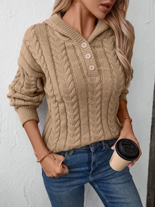 Women's cable-knit hooded sweater with buttons in khaki, warm retro winter pullover