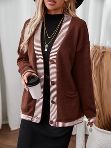 Women Striped V-Neck Knit Cardigan Sweater Single Breasted Loose Long Sleeve Open Front Top With Pockets Autumn Outwear