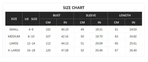 Women's crewneck knit sweater size chart with bust and sleeve measurements in CM and IN