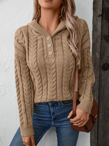 Women's khaki cable-knit hooded sweater with retro buttons and thick knit texture