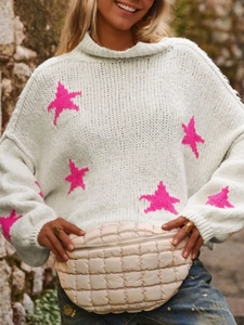 Cozy oversized knit sweater with high neck and pink star patterns for women's autumn style