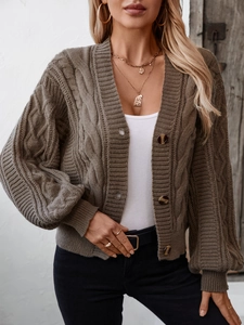 Retro cable knit cardigan for women in khaki with buttons and loose oversized fit style