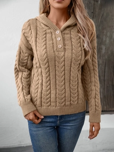 Women's vintage cable knit hoodie sweater in camel with buttoned neck and ribbed cuffs