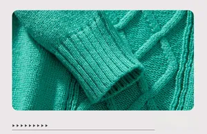 Detailed close-up of teal cable knit texture and elastic ribbed cuffs on the sweater