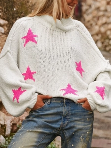 Women's white oversized knit sweater with pink star patterns and high turtle neck