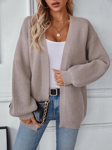 Women's casual taupe ribbed knit open front cardigan with long sleeves and loose fit