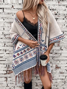 Bohemian Damen Strickponcho Cape Mit Geometrischem Jacquard Ethno Quasten Saum Offene Vorderseite Fledermausärmel Oberbekleidung