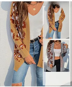 Detail of leopard print knitted cardigan in khaki and gray with long sleeves