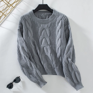 Close-up of grey cable knit sweater texture with round neck and thick stitching detail