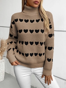 Dames gebreide trui in khaki met reverskraag en zwarte hartpatronen voor een casual herfst