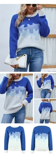 Detailed views of women's crewneck knit sweater with blue and white gradient pattern