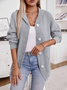 Damen Vintage Waffelstrick Strickjacke Mit Kapuze Langarm Knopfleiste Pullover Mantel Casual Lose Outwear Strickjacke