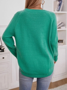 Back view of a green long-sleeved knit sweater featuring raglan sleeves and a curved hem