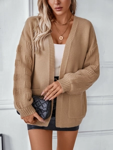 Women's casual oversized khaki knit cardigan with pockets and textured long sleeves