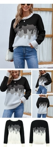 Detail of color-block knit sweater with drip-style pattern and ribbed crew neck design