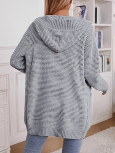 Lange Strickjacke mit Kapuze in Hellblau, Waffelstrick, lockere Passform für Damen
