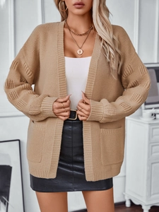Chunky khaki open front knit cardigan with honeycomb sleeve texture and front pockets