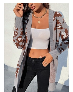 Detailed knit texture of long-sleeved leopard print cardigan in grey and brown